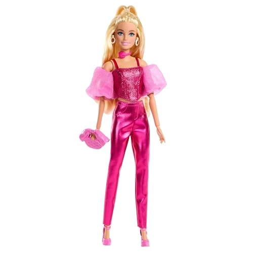 Barbie - Deluxe Style n. 5, bambola con abito rosa metallizzato e capelli biondi, top a corsetto scintillante e pantaloni lucidi, accessori inclusi, giocattolo per bambini, 4+ anni, JFP40