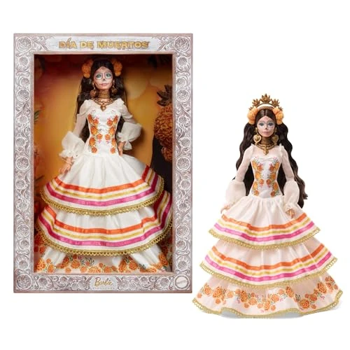 Barbie Signature Muñeca de Día de Muertos 2025 Coleccionable con Vestido de Color Crema con Volantes Adornado con caléndulas y Lazo, Corona de Flores y Maquillaje de Calavera en la Cara, JBJ05