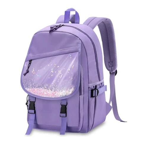 VASCHY School Bag for Girls, Cute Elementary Backpack Bookbag for Primary Schooler Kids with Sparkling Sequin Clear Pocket Purple