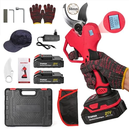 Forbici Potatura a Batteria, 50 mm Forbici Potatura Professionali, Elettriche Cesoie a batteria per Potatura con 2 Batterie, Display LCD, adatte per potatura, giardinaggio, alberi da frutto