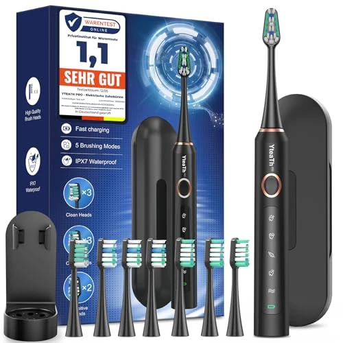 Elektrische Zahnbürste Schallzahnbürste für Erwachsene – Electric Toothbrush mit 8 Bürstenköpfen und Reiseetui, 5 Modi, wasserdicht IPX7, 90 Tagen Akkulaufzeit