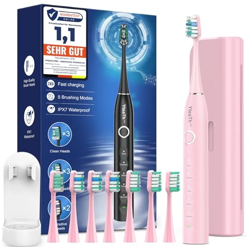 Offerta a tempo: Spazzolino Elettrico Sonico per Bambini Adulti con 8 Testine - Spazzolino Denti Sonico con Custodia da Viaggio, 5 Modalità, Spazzolino Elettrico 6-12 Anni, Rosa Ciliegia - 15% da 24.00 € a 20.40 €