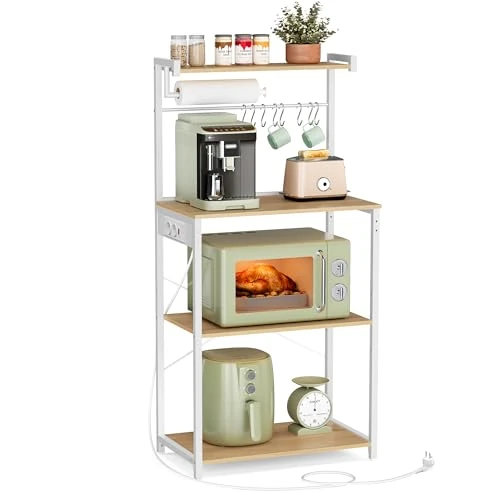VASAGLE Küchenregal mit Steckdosen, Standregal, Mikrowellen-Regal 4 Ebenen und 8 S-Haken, verstellbare Ablage, Küchenrollenhalter, 40 x 60 x 140 cm, goldeichenfarben-wolkenweiß KKS014Y02