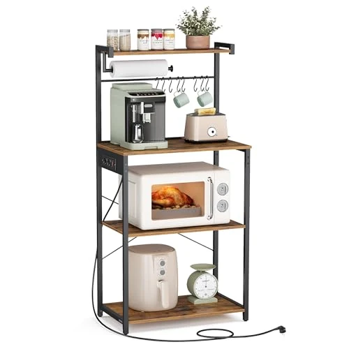 Offre limitée : VASAGLE Étagère de Cuisine avec Multiprise, Bar à Café sur 4 Niveaux avec 8 Crochets en S, Étagère Réglable, Support pour Micro-Ondes, 40 x 60 x 140 cm, Marron Rustique et Noir d'encre KKS014K02 de 53.54 € à 47.99 € (10% de remise)