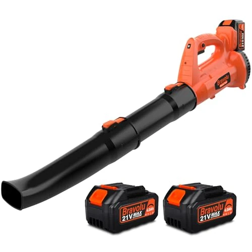 Offerta a tempo: Soffiatore a Batteria, Bravolu 21V Soffiatore Foglie Elettrico, con Batteria da 2 X 4,0Ah e Caricabatteria, Velocità Aria Max Regolabile 240 km/h, 20000 RPM con 6Velocità Regolabili, Ugelli a 2Sezioni - 34% da 129.99 € a 85.49 €