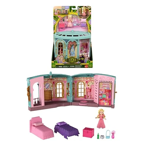 Mattel Universal Pictures Wicked Conjunto de Juego de Dormitorio La más Popular con muñeca pequeña, 3 Espacios de Juego y 9 Accesorios, Inspirado en la película, JHC00