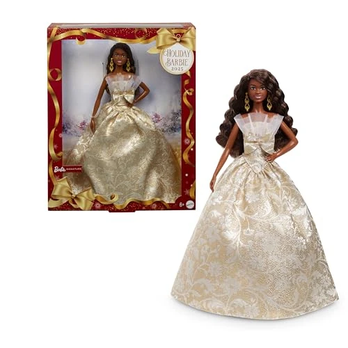 Oferta limitada: Barbie Signature Barbie Felices Fiestas 2025 Muñeca de Moda con el Pelo Negro, con Vestido Dorado y Plateado, muñeca de Temporada para coleccionistas, Incluye Embalaje para exponer y Soporte, JBJ01 de 29.05 € a 23.83 € (ahorro 18%)