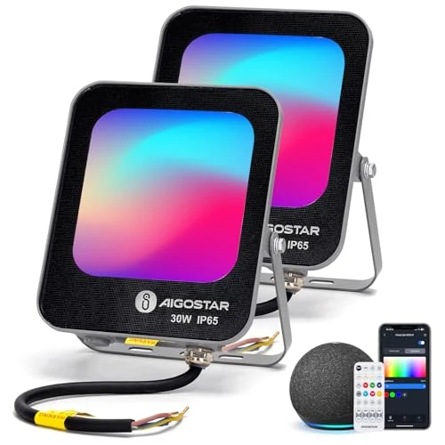 Aigostar Mesh – Foco LED RGBW exterior Proyector, Bluetooth Mesh 30 W 2700 lm Faros LED de exterior, 6500 K blanco frío, faro para decoración festiva de Navidad, jardín (2 unidades)
