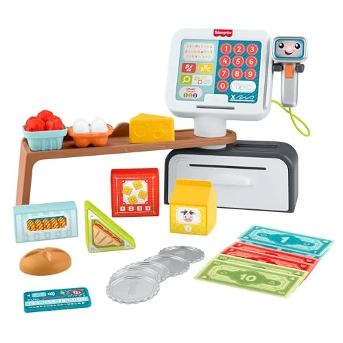 Fisher-Price - Kasa fiskalna, zestaw naukowy z ponad 150 piosenkami, dźwiękami i zdaniami, 20 akcesoriów w zestawie, wersja włoska +UK+FR+DE, zabawka dla dzieci, 2 lata, JGW97
