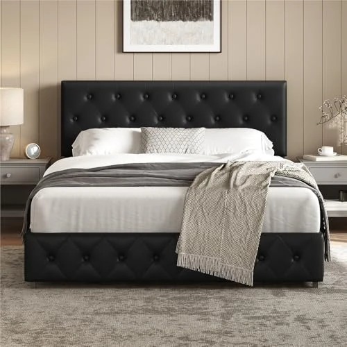 Tijdelijke aanbieding: Yaheetech Gestoffeerd bed, 160 x 200 cm, tweepersoonsbed, bedframe met 2 laden, jeugdbed, in hoogte verstelbaar hoofdeinde, opbergbedden, zwart van 216.99 € naar 184.44 € (15% korting)
