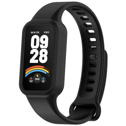 FTRONGRT Armband Kompatibel mit Xiaomi Smart Band 9 Active/Xiaomi Redmi Smart Band 3, Weiches Silikon, Bequem Schutzhülle und Armband integriert Uhrenarmband austauschen - Mitternachtsschwarz