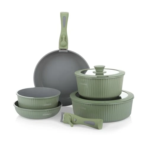 KASANOVA Batteria pentole 9 pezzi Eaziclip, Set pentole induzione con rivestimento ceramico e manici staccabili per uso in forno, Batteria antiaderente verde con coperchi