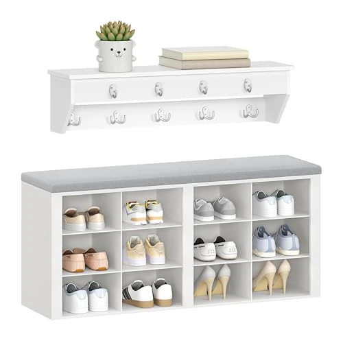 Limited-time offer: Hzuaneri Shoe Storage with Padded Seat & 9 Coat Hooks, Shoe Bench with Cushion, Coat Rack with 12 Open Compartments & Wall Rack, Adjustable Shelves for Hallway, Living Room, Bedroom, White, HT24903GY from 40.36 £ to 38.34 £ (save 5%)