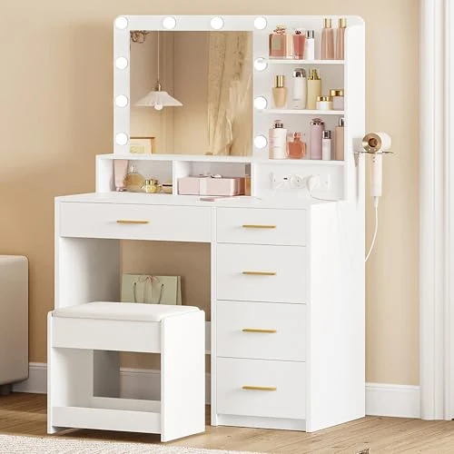 Zeitlich begrenztes Angebot: Hzuaneri Schminktisch mit 10 LED-Beleuchtung, Hocker, Weiß von 142.99 € auf 129.99 € (9% Rabatt)