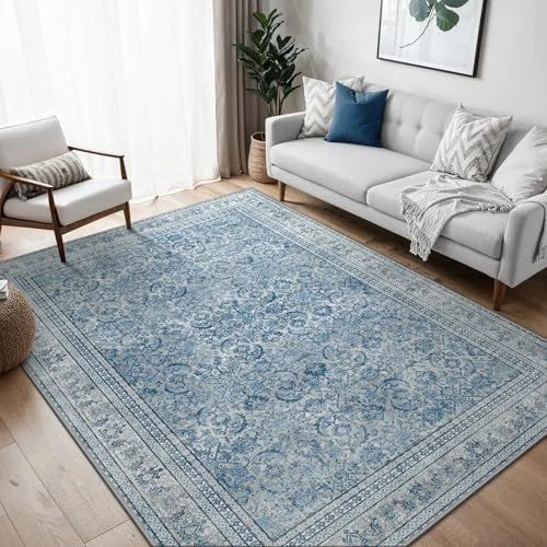 BEIMO 160X230CM Area Rugs for Bedroom,Vintage Boho Carpets for Living Room Non Slip Machine Washable Rug Short Low Pile Rug for Kitchen Dining, Hallway, Office-DarkBlue