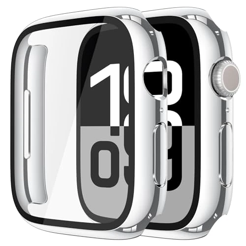 Misxi 2 stuks pc-hoesbescherming met gehard glas voor Apple Watch Series 10 (2024) 42 mm, ultradunne beschermhoes tegen vallen, krasbestendig voor iWatch, 1 zilver + 1 transparant