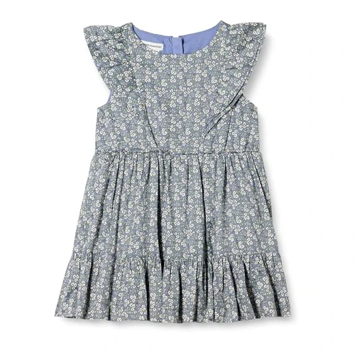 Amazon Essentials Girls' Ruffled Woven Dress, Blue Posey Floral, 5 Years