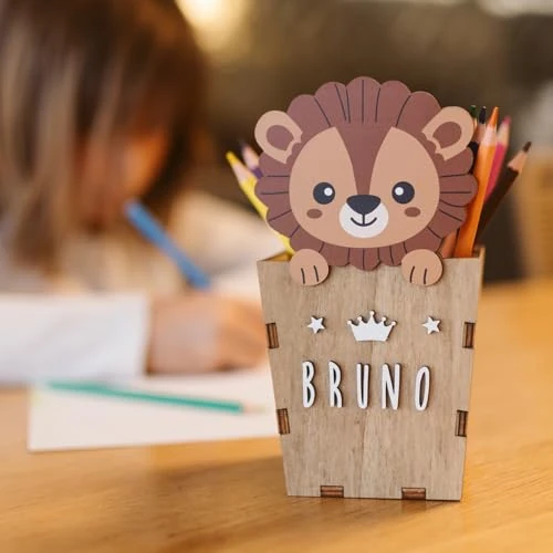 WONDEE Personalised Wooden Pen Holder with Name, Lion Desk Organizer for Kids, Birthday Gifts for School for Kids, Desk Accessories for Boys and Girls