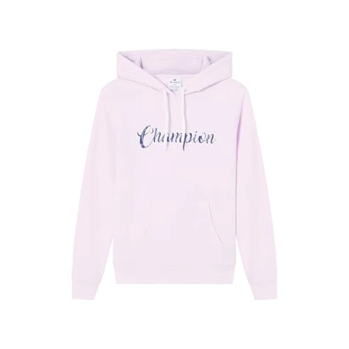 Champion Women's fleece hoodie, rib cuff and hem, front kangaroo pocket, hood with adjustable drawcords, graphic logo Pink