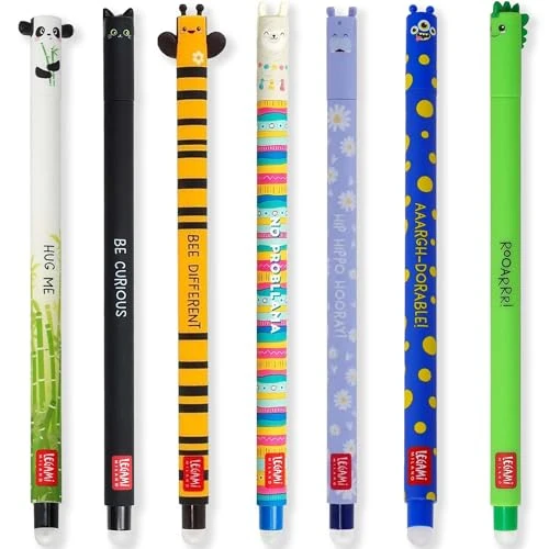 LEGAMI - Set of 7 Erasable Gel Pens with Thermosensitive Erase Ink, Range of ink colours & barrel designs, 0.7mm Tip, Panda, Cat, Bee, Llama, Monster, Hippo & Dino Designs