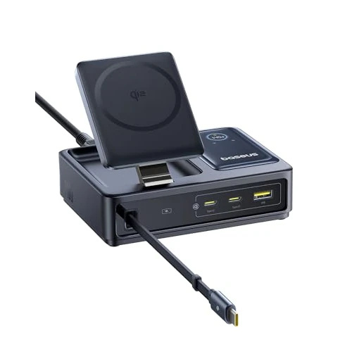 Baseus NOMOS 5-w-1 Stacja Ładowania, 140W Ładowarka USB-C z ładowaniem MagSafe Qi2.0 15W, chowany kabel USB-C, 2USB-C+ USB-A, z wyświetlaczem cyfrowym, kompatybilna z iPhone17/16/15/14, MacBook