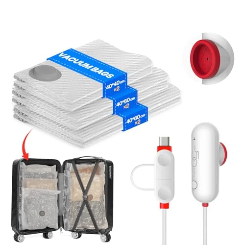 Offerta a tempo: Sacchetti Sottovuoto Vestiti con Pompa USB, 6 Pezzi di Buste Sottovuoto Vestiti (2X 40*40cm, 2X 40*50cm, 2X 40*60cm), Sacchetti Sottovuoto Viaggio Riutilizzabili - Essenziali per Viaggio Salvaspazio — 13% da 29,99 € a 25,99 €