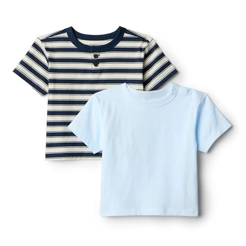 Amazon Essentials x Sofia Grainge Camisetas de Algodón con Cuello Redondo y Manga Corta Bebé-Niños, Pack de 2, Azul Claro/Rayas, 18 Meses