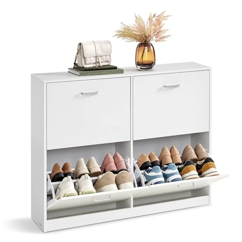 Offerta a tempo: VASAGLE Scarpiera con 4 Ribalte, Scaffale Portascarpe, Organizzatore per Scarpe, Divisori Regolabili, per 16-28 Paia di Scarpe, Corridoio, 24 x 105,5 x 82,7 cm, Bianco Neve LBC035W01 - 19% da 89.99 € a 72.99 €