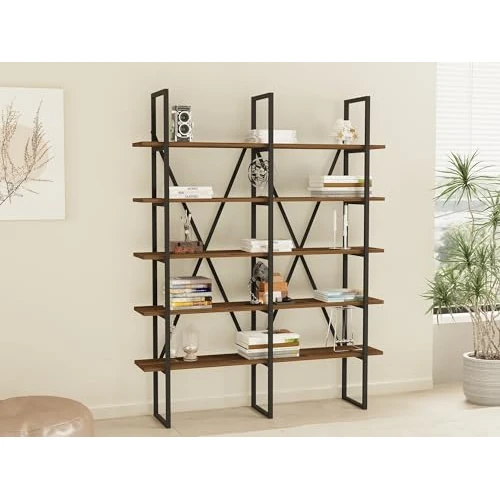 Hanah Home Modern Industrial Bookshelf, Walnut & Black, 126 x 160 x 26 cm, 100% Melamine Coated Particle Board, 18 mm Thick, Metal Frame, Wall Mountable, Stylish Storage Solution