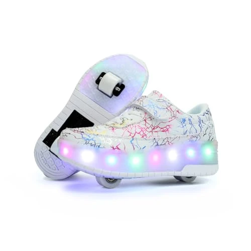 HUSKSWARE Kids Shoes with Wheels – LED Light-Up Roller Sneakers Boys Girls, Retractable Skating Trainers, USB Rechargeable Outdoor Sports Shoes EU 27-40 White Black Pink