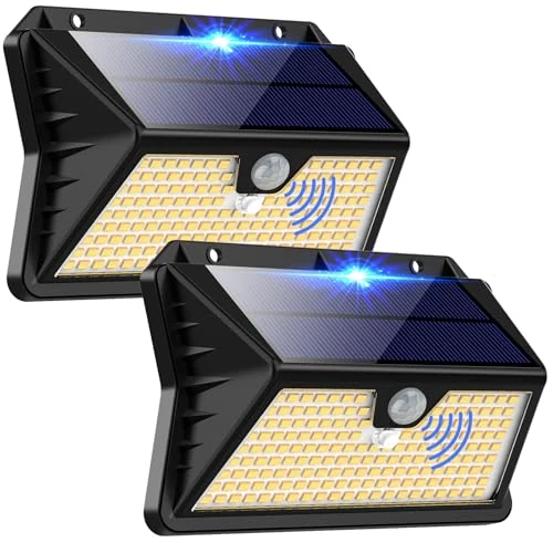OUILA Solarlamp voor buiten, 185 leds, 3 modi, met bewegingssensor, buitenlamp op zonne-energie, IP65, waterdicht, voor tuin, garage, straat, binnenplaats, deuren (2 stuks, warmwit)