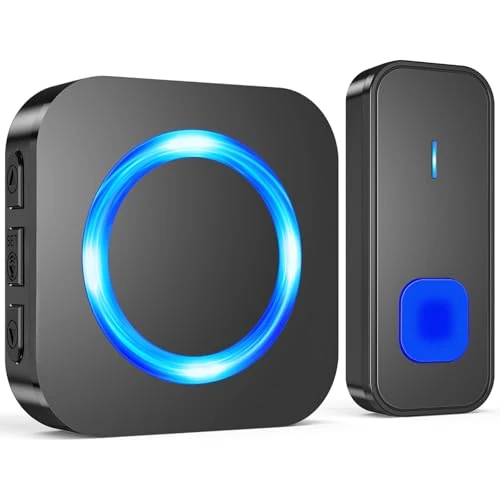 SURFOU Sonnette sans fil Extérieur Étanche, 400M Sonnette Longue Portée Carillon Electronique Kit avec Récepteurs, 55 Mélodies au 5 Niveaux Volumes pour Maison, Indicateur LED Bleu, Noir