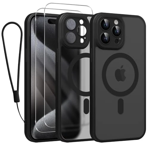 Phoona Etui magnetyczne do iPhone 15 Pro Max Con, kompatybilne z MagSafe, półprzezroczyste, matowe, cienkie, odporne na wstrząsy etui z 2 sztukami ze szkła hartowanego, czarne