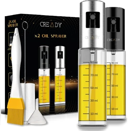 CREADY | 2-Pack Kitchen Oil Spray 100ml | Oil Sprayer | Air Fryer Oil Spray | Multipurpose Sprayer | Stainless Steel & Glass | Reusable & Non-Slip | 100ml Capacity