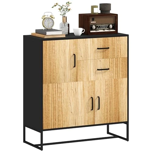 HOMCOM Modern dressoir met 3 kasten en 2 laden, multifunctionele kast van spaanplaat en staal, 80 x 35 x 88 cm, zwart en houtkleur