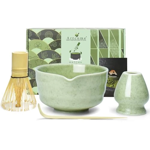 Artcome 4-częściowy zestaw do herbaty Matcha – kompletny zestaw japońskiej ceremonii z miską, trzepaczką, uchwytem na trzepaczkę, miarką i przewodnikiem, cętkowany, jasnozielony