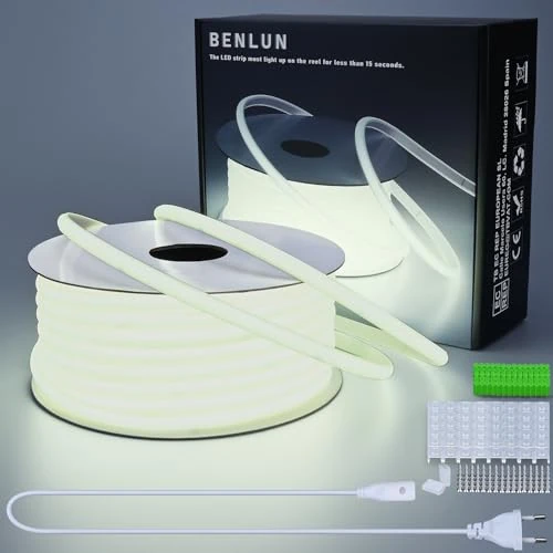 BENLUN AC 220V COB LED Streifen 30M, 6000K Kaltweiss LED Strip Aussenbereich Wasserdicht, LED Band 230V Direktanschluss, Sehr Hell 10W/M 296LEDs/M für Zimmer Deko Decke Outdoor Terrasse