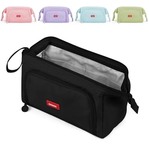 Mamowla Duże piórniki dla dziewcząt super duży piórnik dla kobiet zamek błyskawiczny gładki piórnik etui uchwyt na artykuły pa organizer Duarable szkolne piórniki, Czarny, L, Piórnik