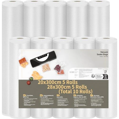 Offre limitee: Rouleau Sous Vide Alimentaire, 10 Rouleau Film Sous Vide Alimentaire sans BPA, 5 Rouleaux 28x300 cm et 5 Rouleaux 20x300 cm Sac Sous Vide Alimentaire pour Machine Sous Vide des Aliments et la Cuisson de 26.98 EUR a 24.49 EUR (economie 9%)
