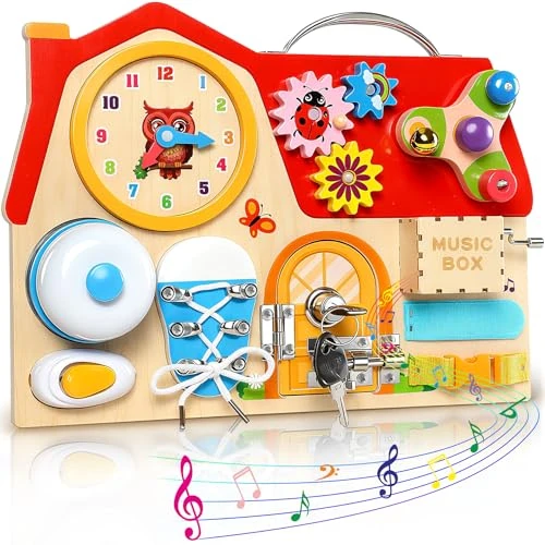 Offerta a tempo: LUVTOY Wooden Busy Board, 12 in 1 Montessori Giochi per 2 3 4 5 Anni Tavola Sensoriali per Giocattoli attività Giocattolo Educativo, Giocattoli da Viaggio per Bambini, Regali di Natale - 30% da 19.99 € a 13.99 €