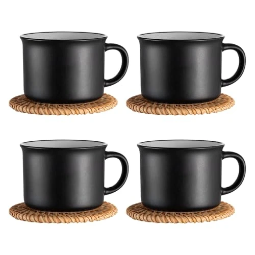 Cappuccinokopjes, set van 4, koffieservies, aardewerk, 180 ml, 8-delige koffieset, kopjes met schotel, koffiekopjes, vintage, zwart