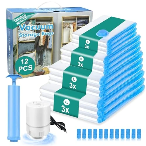 Vacuümzakken voor kleding met luchtdicht ventiel en handpomp, stofzuiger vacuümzakken voor kleding, opslag vacuümzakken set 12 stuks, 3 jumbo, 3 groot, 3 middelgrote kledingzakken