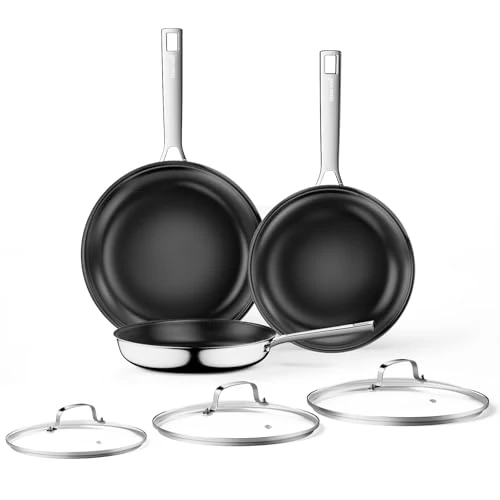 Limitiertes Angebot: Innerwell Titan Keramik Pfannenset 3-teilig 20+24+28 cm aus Edelstahl mit Deckel, Induktion Pfannen, Edelstahl Pfanne mit Antihaftbeschichtung, Backofenfest, PFOA-frei, für alle Herdarten, Schwarz von 79.99 EUR auf 63.99 EUR (Spare 20%)
