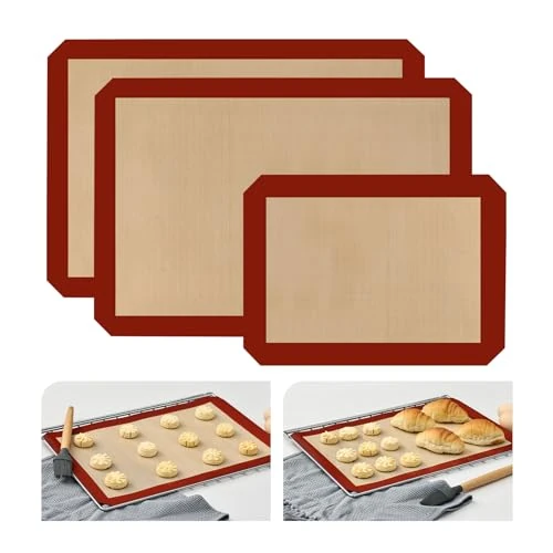 KitchenRaku Set of 3 Silicone Baking Mats 29.5 x 42 cm, Non-Stick Coating Baking Mat Made of Silicone, Permanent Baking Film, Reusable Baking Film, BPA-Free, Pink