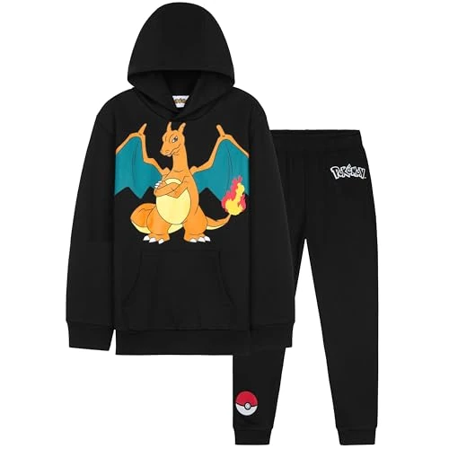 Pokémon-trainingspak voor jongens en tieners, 2 stuks pullover hoodie en comfortabele joggingset, sportkleding en loungewear, anime-cadeaus voor jongens, Zwarte Charizard, 7-8 jaar