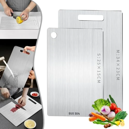 2 Pezzi Tagliere in Titanio e Acciaio Inox 304, Fronte-Retro per Uso Alimentare - Facile da Pulire, Resistente alla Muffa per Carne, Pane, Verdure e Frutta