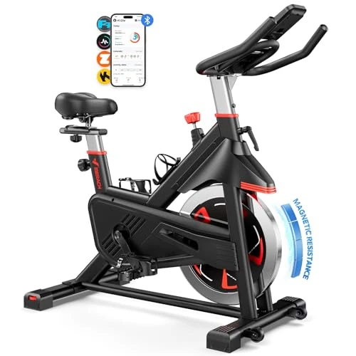 MERACH Exercise Bike with Magnetic Resistance, Quiet Brake Pad/Home Trainer Bicycle with Improved Comfortable Seat Cushion, Indoor Spinning Bike with Tablet Holder, Own App, Up to 136 kg