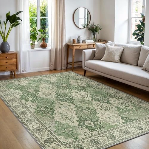 BEIMO 200x290CM Area Rugs for Bedroom,Vintage Boho Carpets for Living Room Non Slip Machine Washable Rug Short Low Pile Rug for Kitchen Dining, Hallway, Office-Moss Green