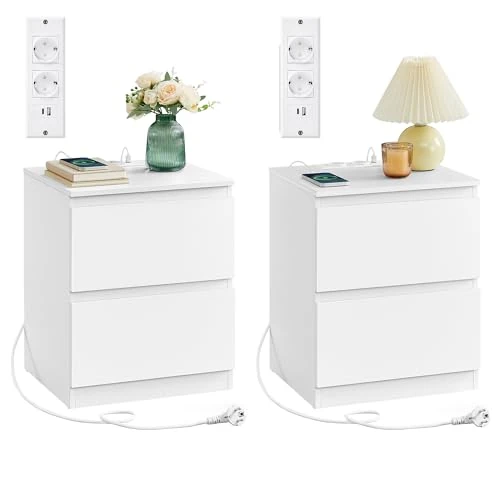 VASAGLE Bedside Table with Power Strip, Set of 2, Side Table, 2 Drawers, 2 AC Sockets, 1 USB-A Ports, 1 USB-C Port, Living Room, Bedroom, Modern, Cloud White LET821W02