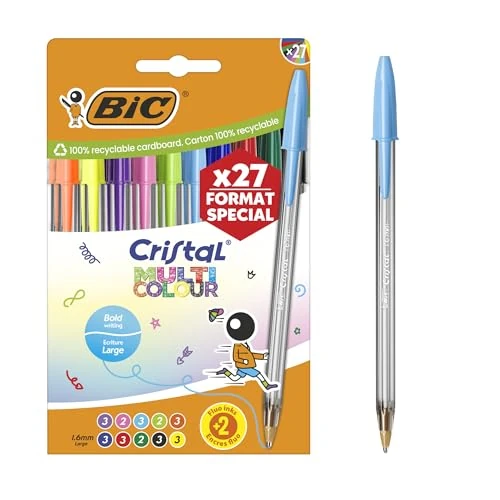 Offre limitée : BIC Cristal Multicolour Stylos-bille Pointe Large (1,6 mm) Édition Spéciale - Encres classiques, fluos et fantaisie de couleurs assorties, pack de 27 de 10.63 € à 10.63 € (0.00% de remise)